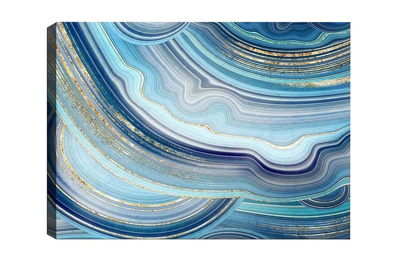 Lærredsbillede - Abstrakt komposition med bølgede linjer i blå nuancer, Blå / Turkis / Guld