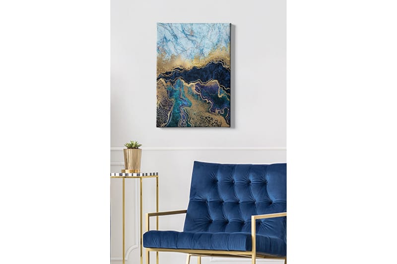 Lærredsbillede - Abstrakt komposition med blå og gyldne nuancer - Blå / Guld / Mørkeblå - Boligtilbehør - Billeder & kunst - Billeder på lærred