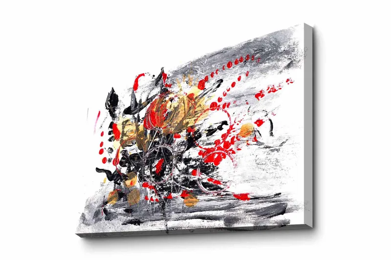 Lærredsbillede - Abstrakt komposition med blomster og dynamiske linjer, Rød / Sort / Guld