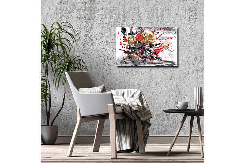 Lærredsbillede - Abstrakt komposition med blomster og dynamiske linjer - Rød / Sort / Guld - Boligtilbehør - Billeder & kunst - Billeder på lærred