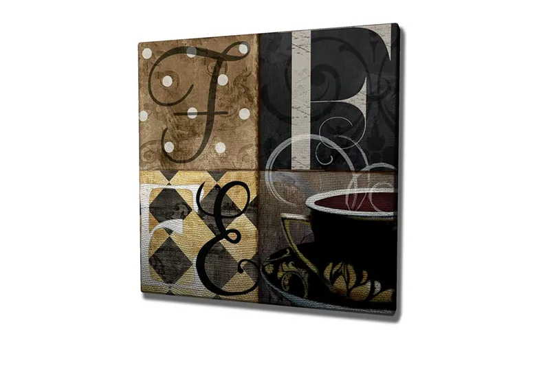Lærredsbillede - Abstrakt komposition med bogstaver og en kaffekop, Brun / Sort / Guld