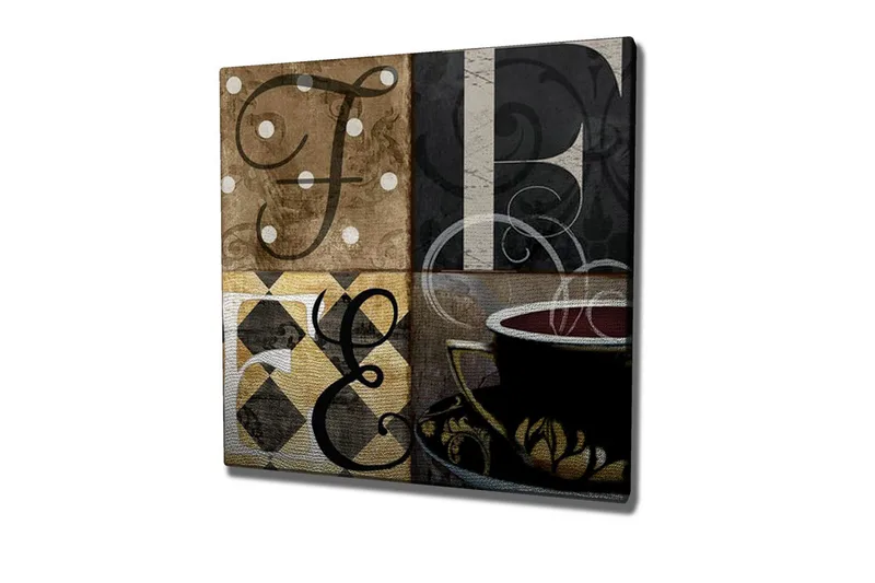 Lærredsbillede - Abstrakt komposition med bogstaver og en kaffekop, Brun / Sort / Guld