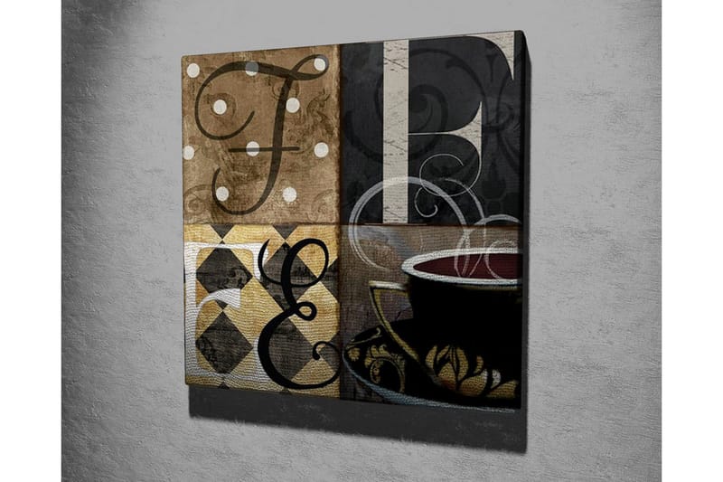 Lærredsbillede - Abstrakt komposition med bogstaver og en kaffekop - Brun / Sort / Guld - Boligtilbehør - Billeder & kunst - Billeder på lærred
