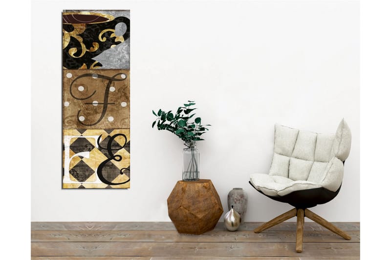 Lærredsbillede - Abstrakt komposition med bogstaver og mønstre - Sort / Guld / Beige - Boligtilbehør - Billeder & kunst - Billeder på lærred