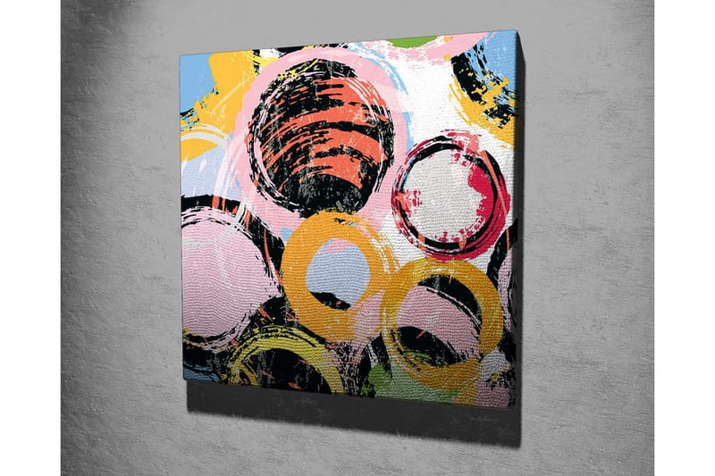 Lærredsbillede - Abstrakt komposition med cirkler i forskellige farver - Sort / Lyserød / Gul - Boligtilbehør - Billeder & kunst - Billeder på lærred