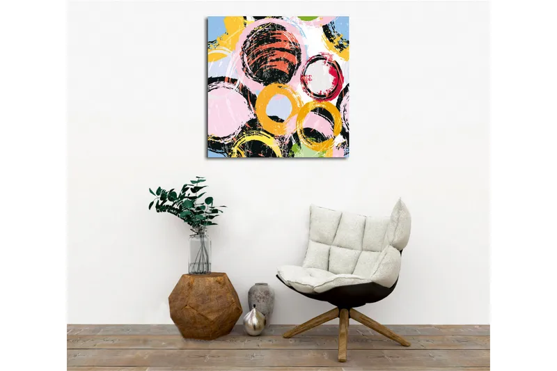 Lærredsbillede - Abstrakt komposition med cirkler i forskellige farver - Sort / Lyserød / Gul - Boligtilbehør - Billeder & kunst - Billeder på lærred