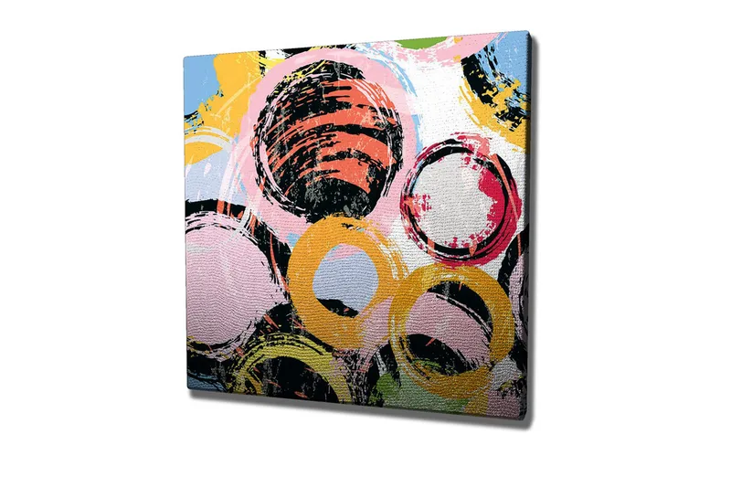 Lærredsbillede - Abstrakt komposition med cirkler i forskellige farver, Sort / Lyserød / Gul