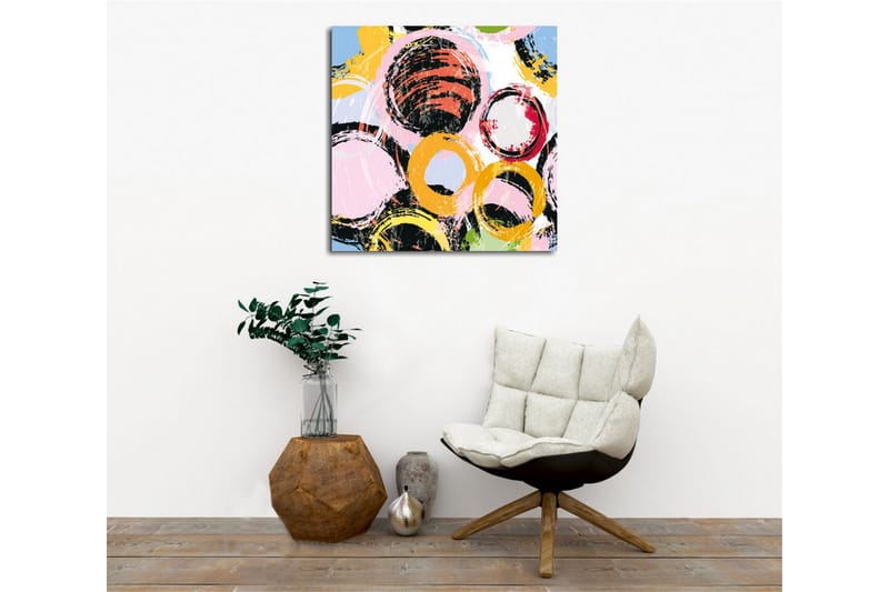 Lærredsbillede - Abstrakt komposition med cirkler i forskellige farver - Sort / Lyserød / Gul - Boligtilbehør - Billeder & kunst - Billeder på lærred