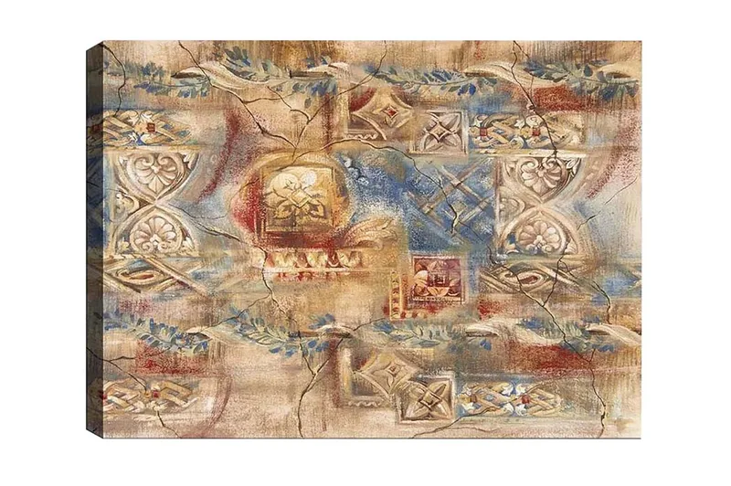 Lærredsbillede - Abstrakt komposition med dekorative mønstre og teksturer, Beige / Blå / Rød