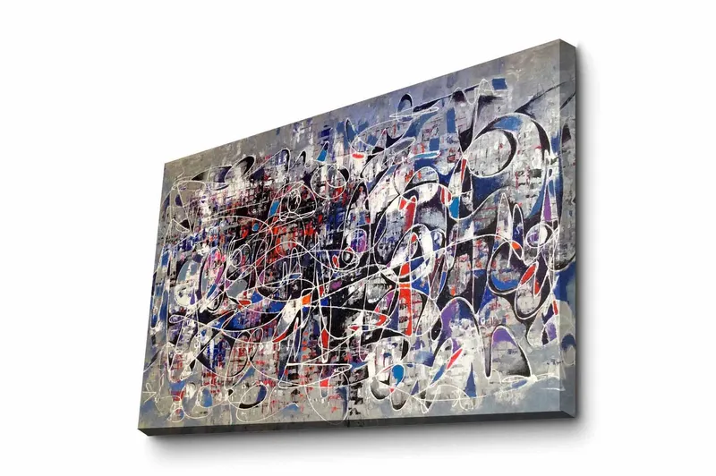 Lærredsbillede - Abstrakt komposition med dynamiske linjer og former, Mørkeblå / Rød / Hvid