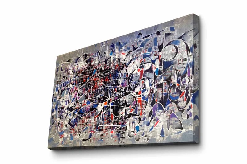 Lærredsbillede - Abstrakt komposition med dynamiske linjer og former, Mørkeblå / Rød / Hvid