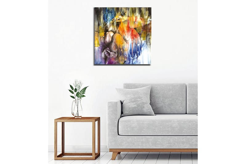 Lærredsbillede - Abstrakt komposition med en kvinde, der omfavner sig selv - Blå / Orange / Lilla - Boligtilbehør - Billeder & kunst - Billeder på lærred
