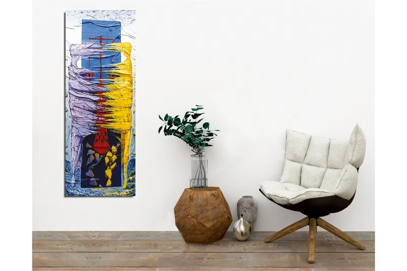 Lærredsbillede - Abstrakt komposition med farverige former og linjer - Lilla / Gul / Blå - Boligtilbehør - Billeder & kunst - Billeder på lærred