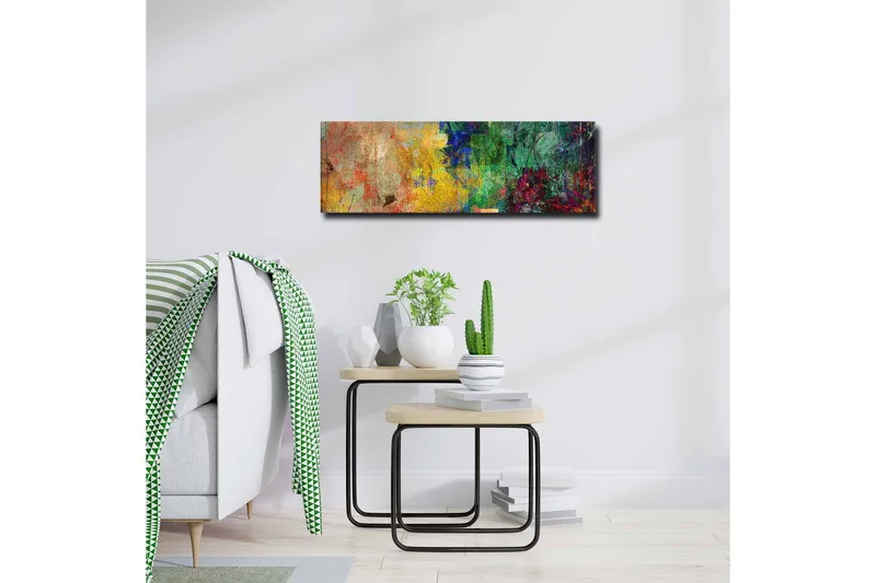 Lærredsbillede - Abstrakt komposition med farverige mønstre og teksturer - Grøn / Gul / Rød - Boligtilbehør - Billeder & kunst - Billeder på lærred