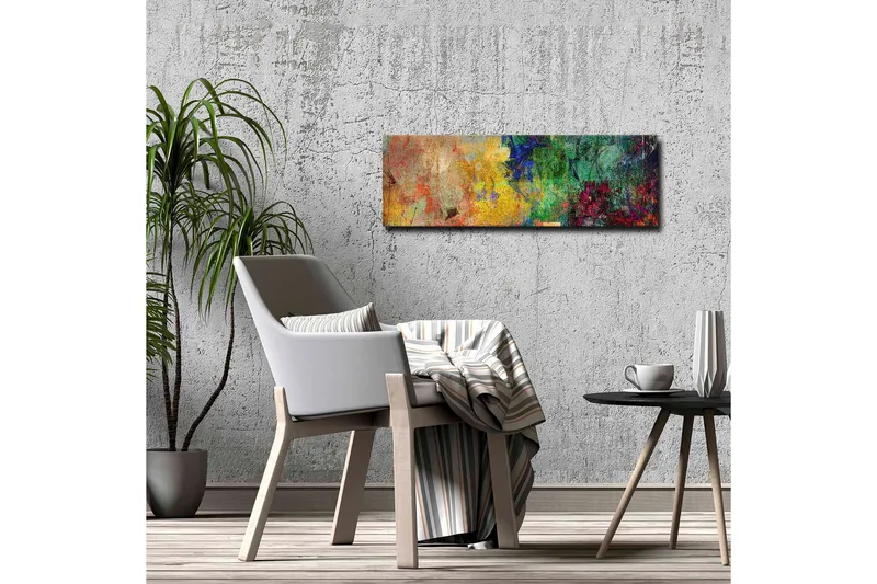 Lærredsbillede - Abstrakt komposition med farverige mønstre og teksturer - Grøn / Gul / Rød - Boligtilbehør - Billeder & kunst - Billeder på lærred