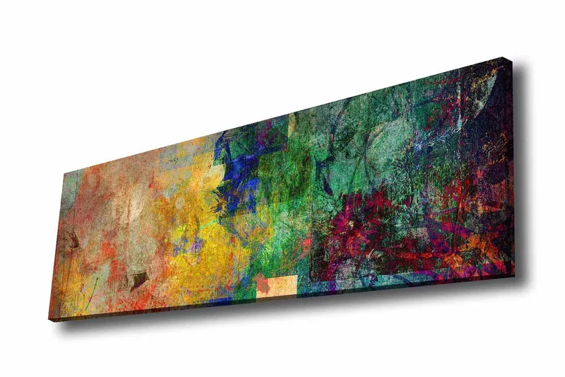 Lærredsbillede - Abstrakt komposition med farverige mønstre og teksturer, Grøn / Gul / Rød