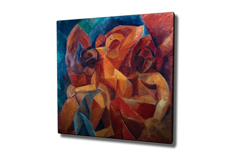 Lærredsbillede - Abstrakt komposition med figurer i interaktion, Rød / Orange / Blå
