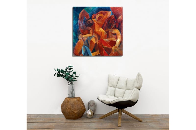 Lærredsbillede - Abstrakt komposition med figurer i interaktion - Rød / Orange / Blå - Boligtilbehør - Billeder & kunst - Billeder på lærred