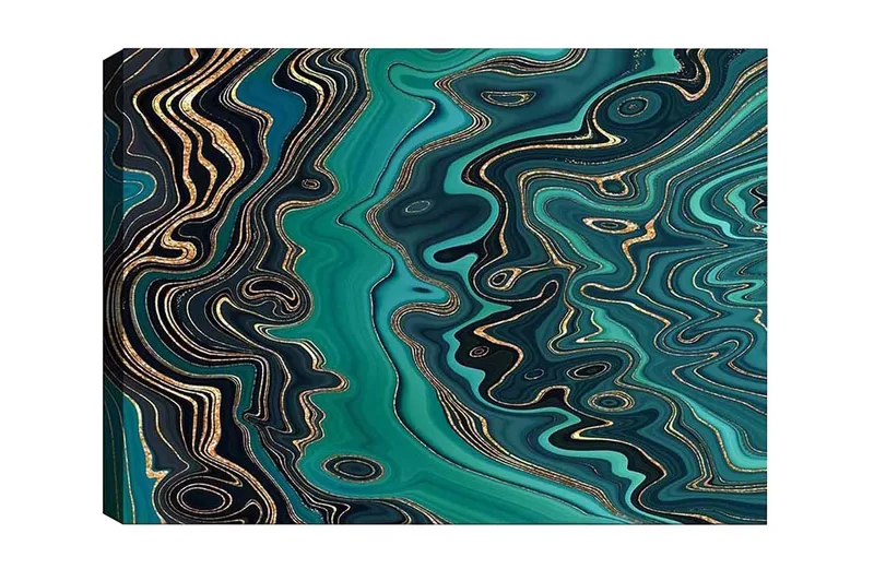 Lærredsbillede - Abstrakt komposition med flydende mønstre i grønne nuancer, Mørkegrøn / Turkis / Guld