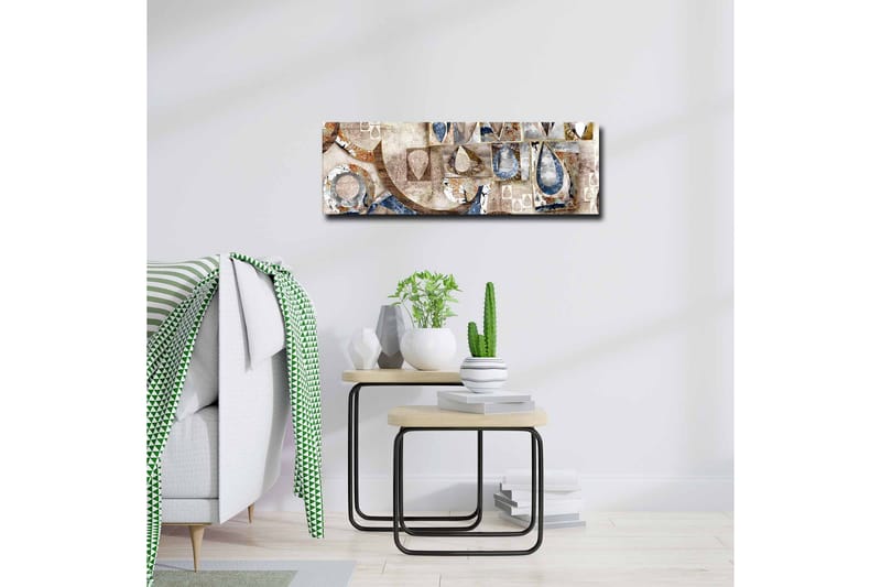 Lærredsbillede - Abstrakt komposition med geometriske former og dråber - Blå / Beige / Brun - Boligtilbehør - Billeder & kunst - Billeder på lærred