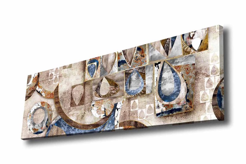 Lærredsbillede - Abstrakt komposition med geometriske former og dråber, Blå / Beige / Brun