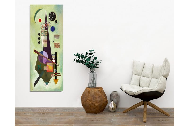 Lærredsbillede - Abstrakt komposition med geometriske former og farverige cirkler - Grøn / Sort / Rød - Boligtilbehør - Billeder & kunst - Billeder på lærred