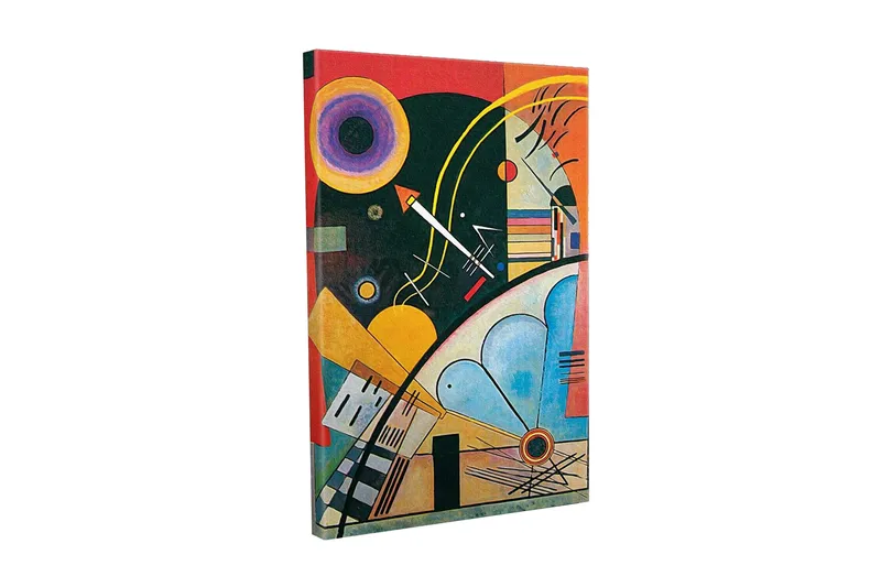 Lærredsbillede - Abstrakt komposition med geometriske former og farverige cirkler, Mørkegrøn / Orange / Gul