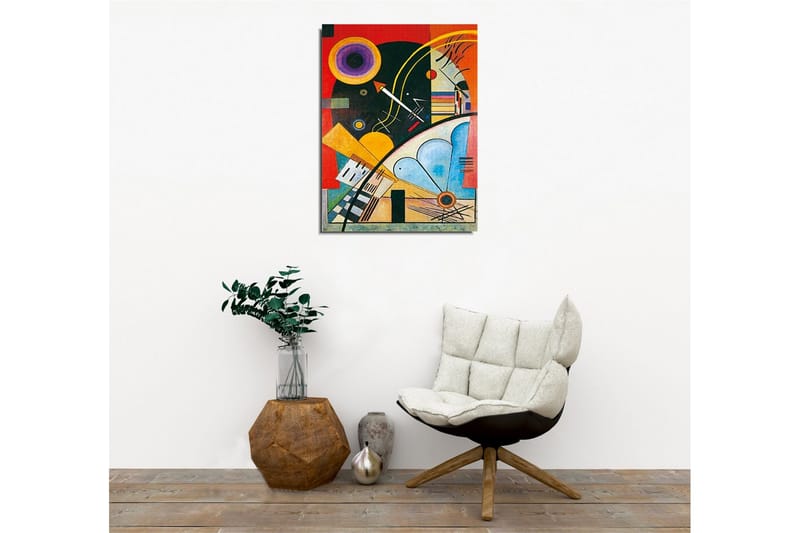 Lærredsbillede - Abstrakt komposition med geometriske former og farverige cirkler - Mørkegrøn / Orange / Gul - Boligtilbehør - Billeder & kunst - Billeder på lærred