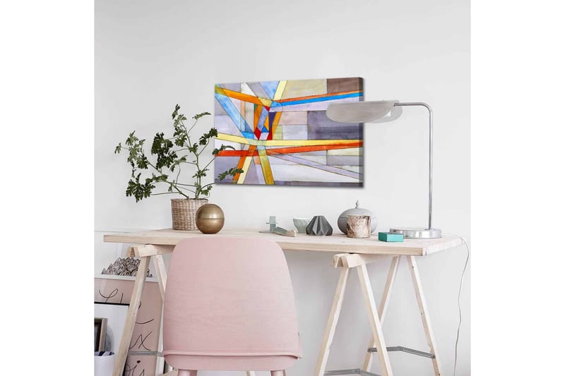 Lærredsbillede - Abstrakt komposition med geometriske linjer og former - Blå / Orange / Grå - Boligtilbehør - Billeder & kunst - Billeder på lærred