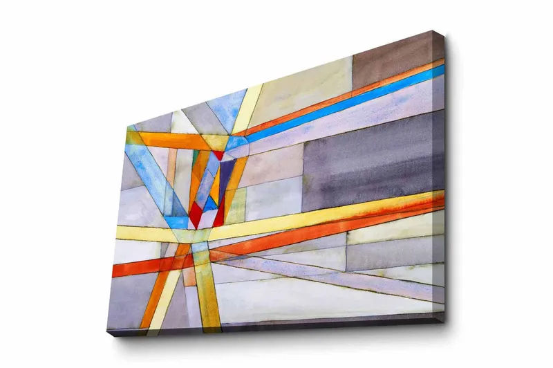 Lærredsbillede - Abstrakt komposition med geometriske linjer og former, Blå / Orange / Grå