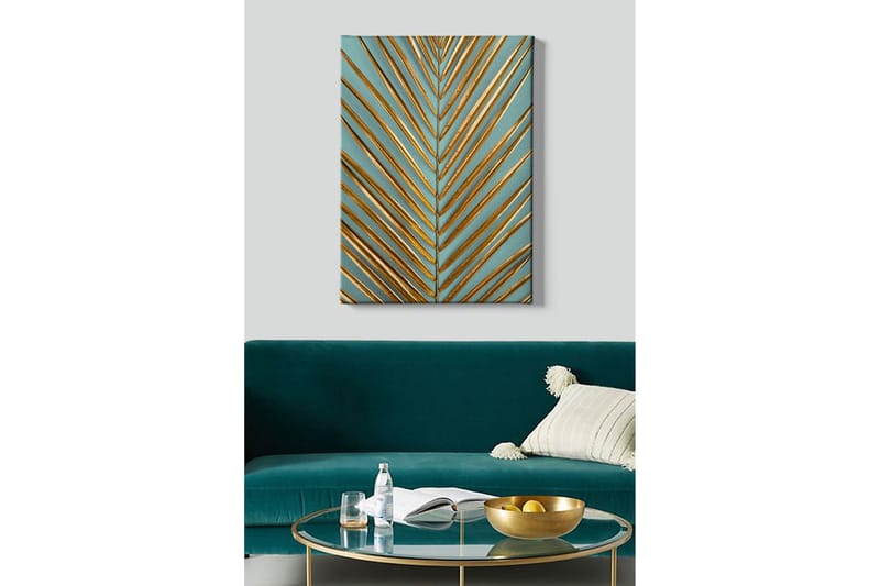 Lærredsbillede - Abstrakt komposition med gyldne bladformer - Guld / Turkis - Boligtilbehør - Billeder & kunst - Billeder på lærred