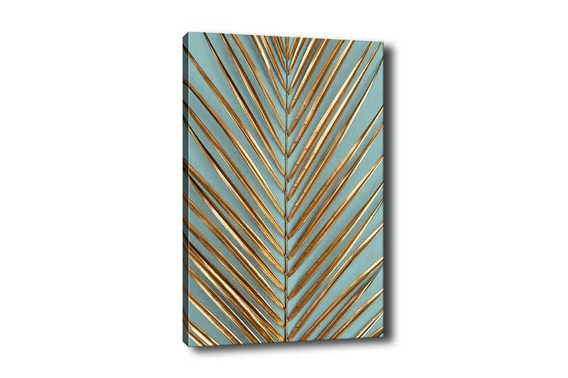 Lærredsbillede - Abstrakt komposition med gyldne bladformer, Guld / Turkis