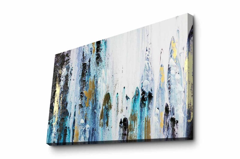 Lærredsbillede - Abstrakt komposition med lodrette linjer og farvede elementer, Blå / Sort / Guld