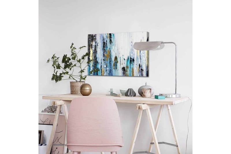 Lærredsbillede - Abstrakt komposition med lodrette linjer og farvede elementer - Blå / Sort / Guld - Boligtilbehør - Billeder & kunst - Billeder på lærred