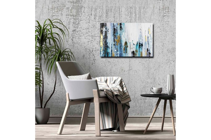 Lærredsbillede - Abstrakt komposition med lodrette linjer og farvede elementer - Blå / Sort / Guld - Boligtilbehør - Billeder & kunst - Billeder på lærred