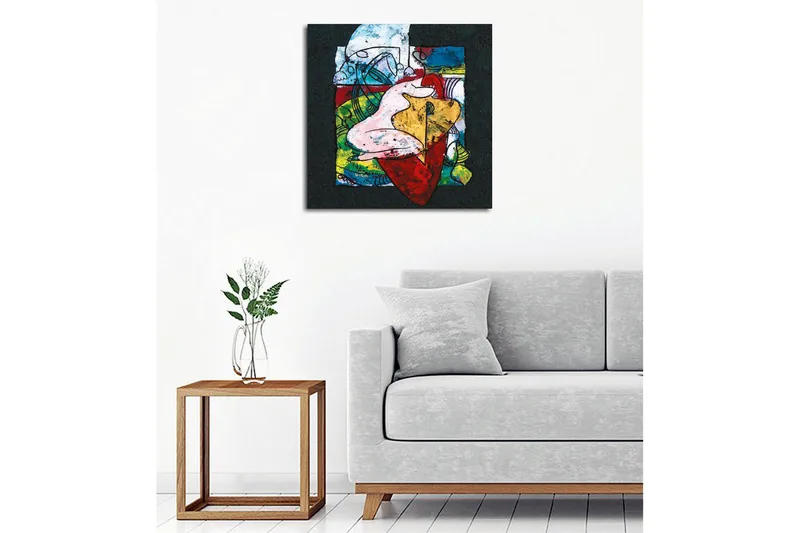 Lærredsbillede - Abstrakt komposition med organiske former og farverige elementer - Rød / Grøn / Gul - Boligtilbehør - Billeder & kunst - Billeder på lærred