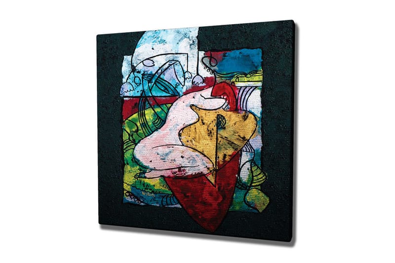 Lærredsbillede - Abstrakt komposition med organiske former og farverige elementer, Rød / Grøn / Gul