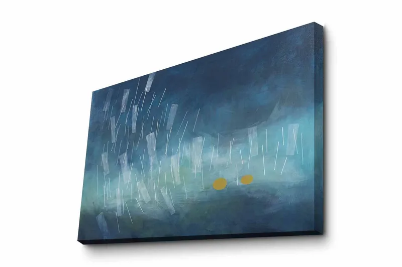 Lærredsbillede - Abstrakt komposition med regndråber og gyldne cirkler, Mørkeblå / Lyseblå / Gul