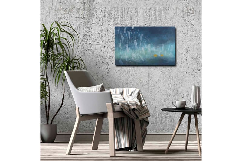 Lærredsbillede - Abstrakt komposition med regndråber og gyldne cirkler - Mørkeblå / Lyseblå / Gul - Boligtilbehør - Billeder & kunst - Billeder på lærred