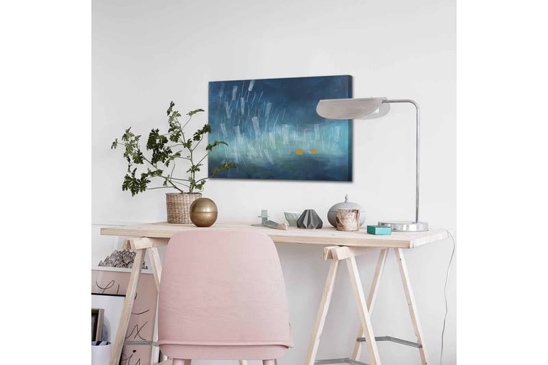 Lærredsbillede - Abstrakt komposition med regndråber og gyldne cirkler - Mørkeblå / Lyseblå / Gul - Boligtilbehør - Billeder & kunst - Billeder på lærred