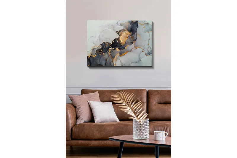 Lærredsbillede - Abstrakt komposition med sorte og gyldne elementer - Sort / Guld / Grå - Boligtilbehør - Billeder & kunst - Billeder på lærred