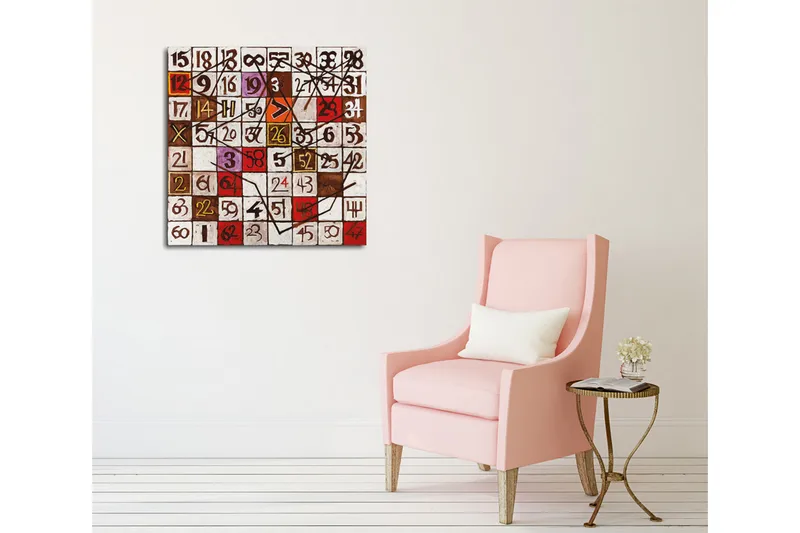 Lærredsbillede - Abstrakt komposition med tal og linjer - Rød / Brun / Hvid - Boligtilbehør - Billeder & kunst - Billeder på lærred