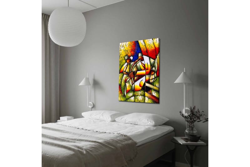 Lærredsbillede - Abstrakt komposition med to figurer, der holder en cirkel - Grøn / Rød / Gul - Boligtilbehør - Billeder & kunst - Billeder på lærred