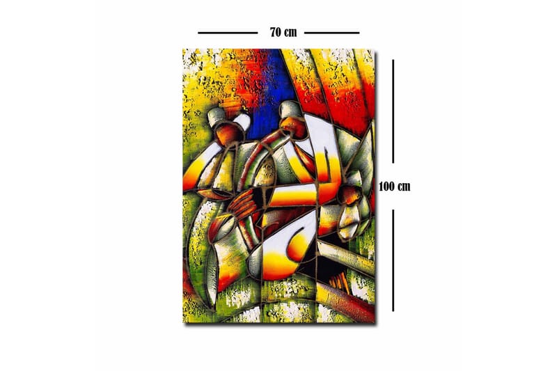 Lærredsbillede - Abstrakt komposition med to figurer, der holder en cirkel - Grøn / Rød / Gul - Boligtilbehør - Billeder & kunst - Billeder på lærred