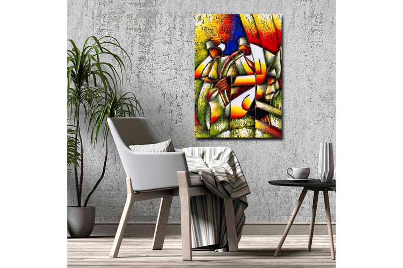 Lærredsbillede - Abstrakt komposition med to figurer, der holder en cirkel - Grøn / Rød / Gul - Boligtilbehør - Billeder & kunst - Billeder på lærred