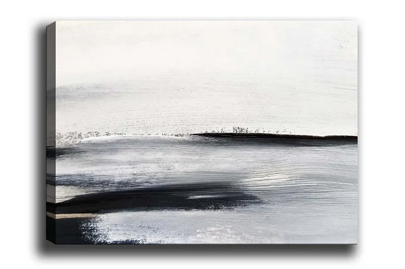 Lærredsbillede - Abstrakt landskab med bløde linjer og grå nuancer, Hvid / Sort / Grå
