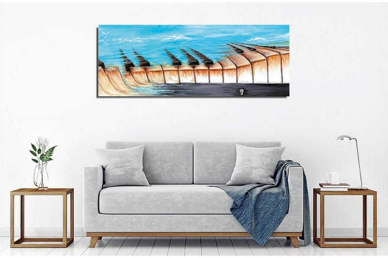 Lærredsbillede - Abstrakt landskab med en sø og geometriske former - Blå / Beige / Sort - Boligtilbehør - Billeder & kunst - Billeder på l�ærred