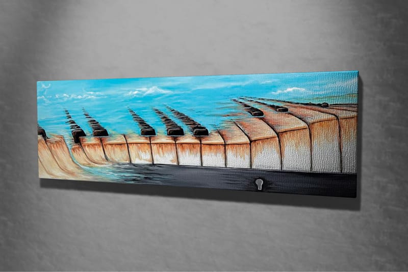 Lærredsbillede - Abstrakt landskab med en sø og geometriske former - Blå / Beige / Sort - Boligtilbehør - Billeder & kunst - Billeder på lærred