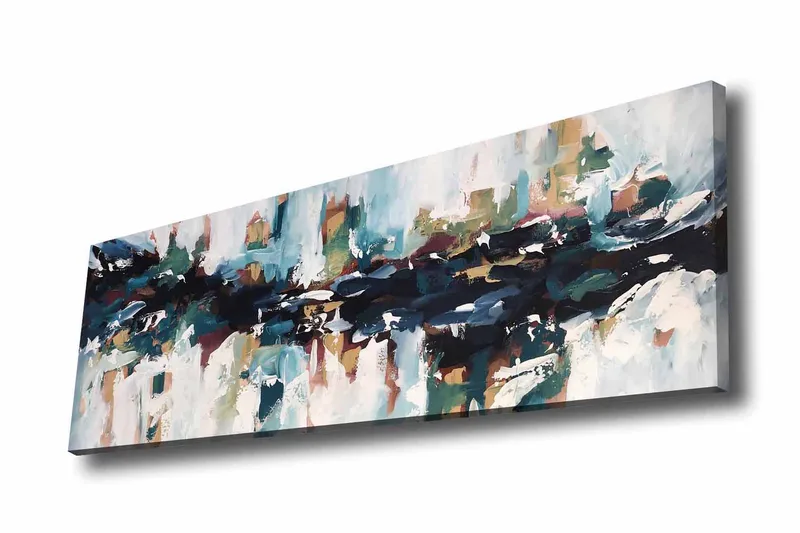 Lærredsbillede - Abstrakt landskab med flydende former og farver, Mørkeblå / Turkis / Beige
