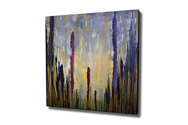 Lærredsbillede - Abstrakt landskab med vertikale former, Lilla / Guld / Grøn